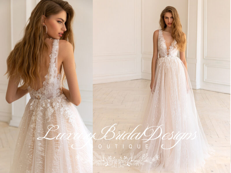 Deep V Neckline Nude A-Line Wedding Dress - DARIA - Image 4