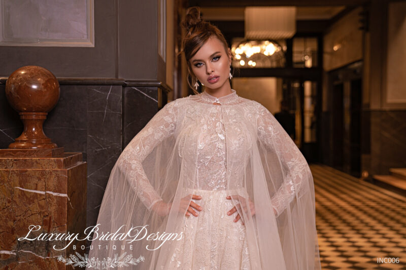 Long Sleeves Modest Princess Wedding Dress With Cape - INGA - Image 2