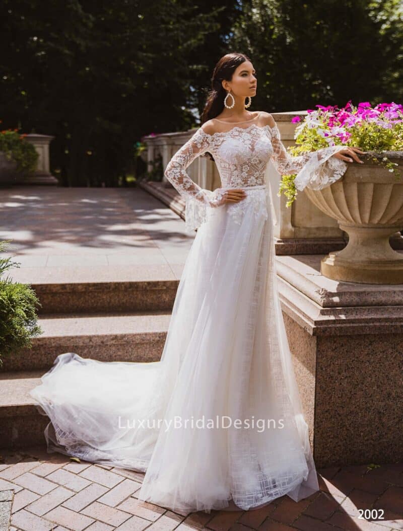 Long Bell Sleeves Boho Wedding Dress - ELLINE