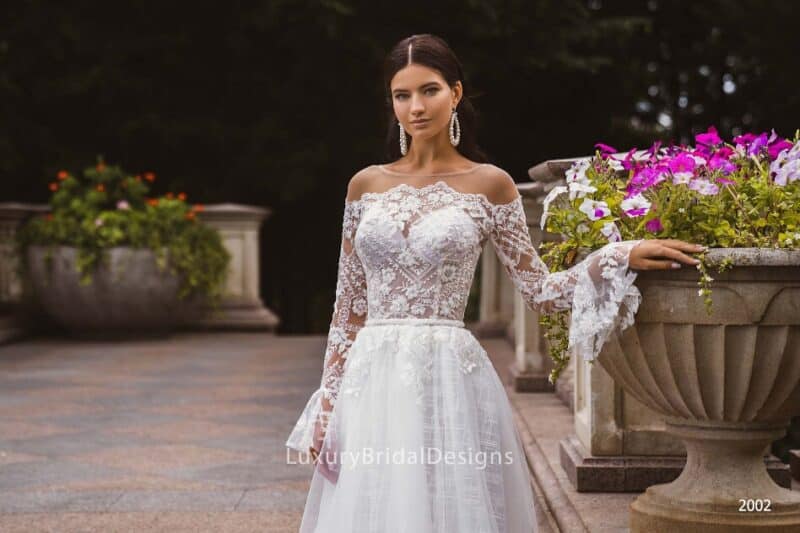 Long Bell Sleeves Boho Wedding Dress - ELLINE - Image 3