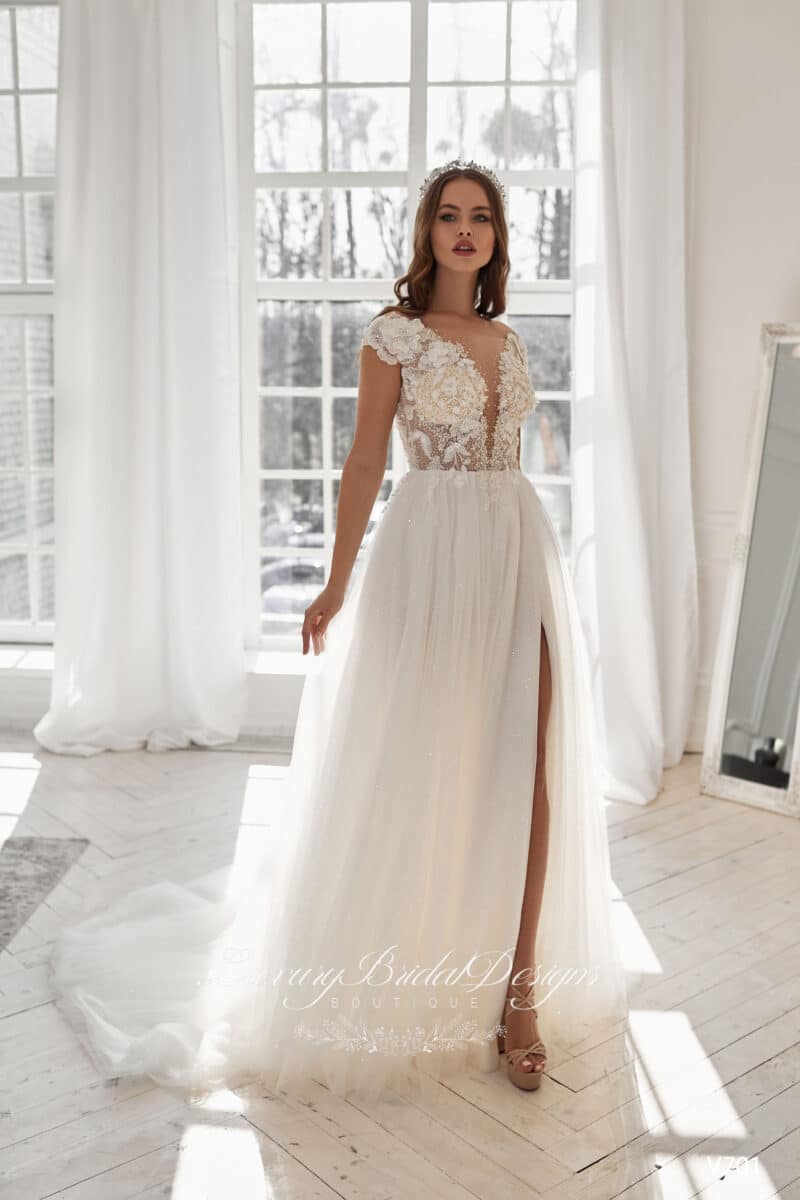 Plunging Neckline Sparkling A-Line Wedding Dress - ORNELLA