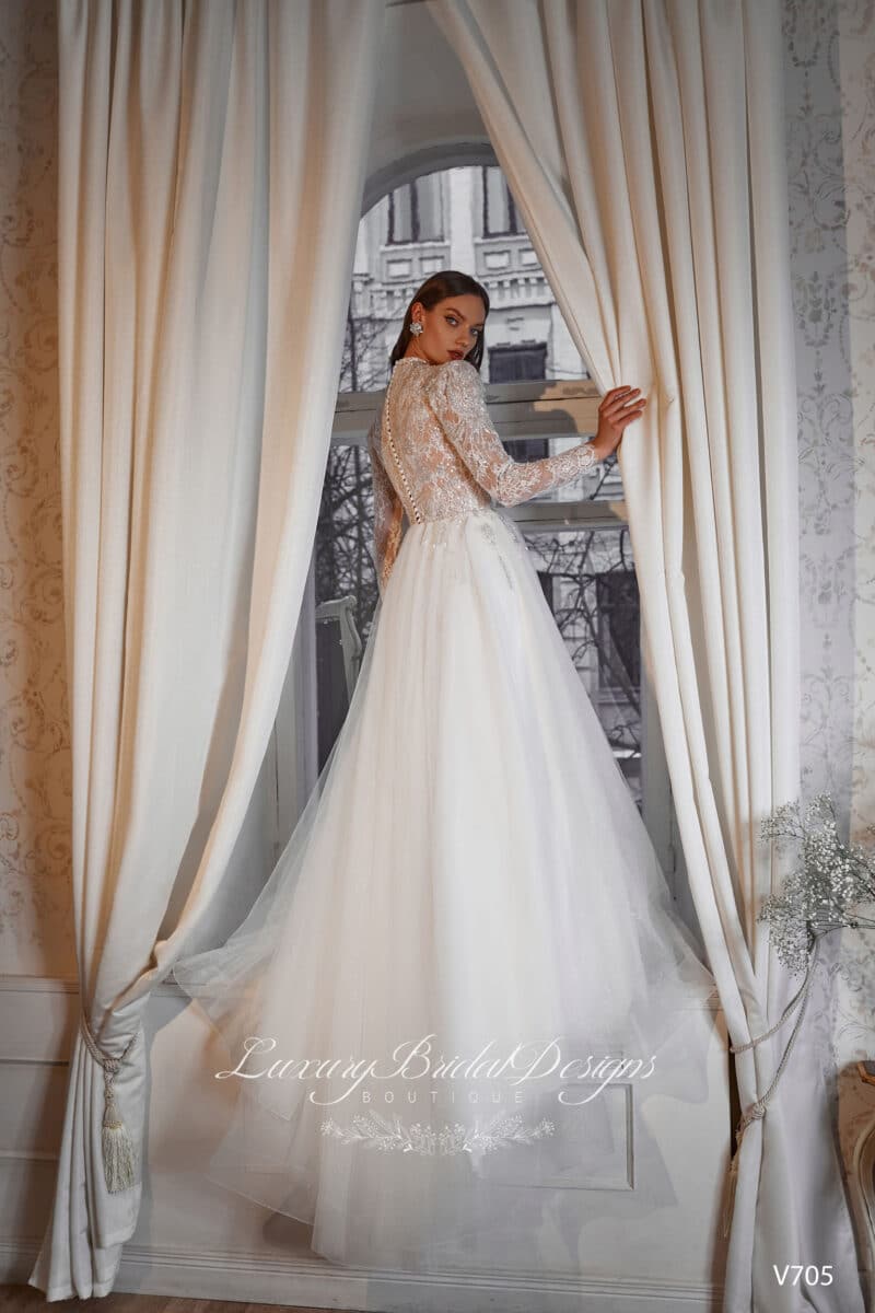 Long Sleeve High Neckline Modest A-Line Wedding Dress - HELENA - Image 4