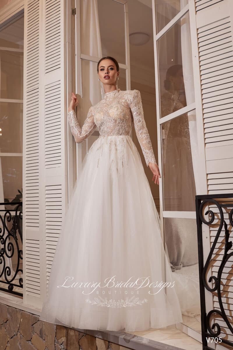 Long Sleeve High Neckline Modest A-Line Wedding Dress - HELENA