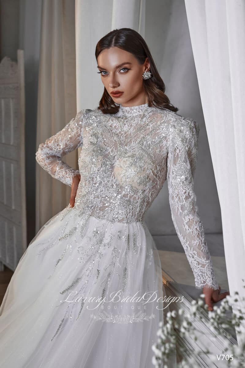 Long Sleeve High Neckline Modest A-Line Wedding Dress - HELENA - Image 2