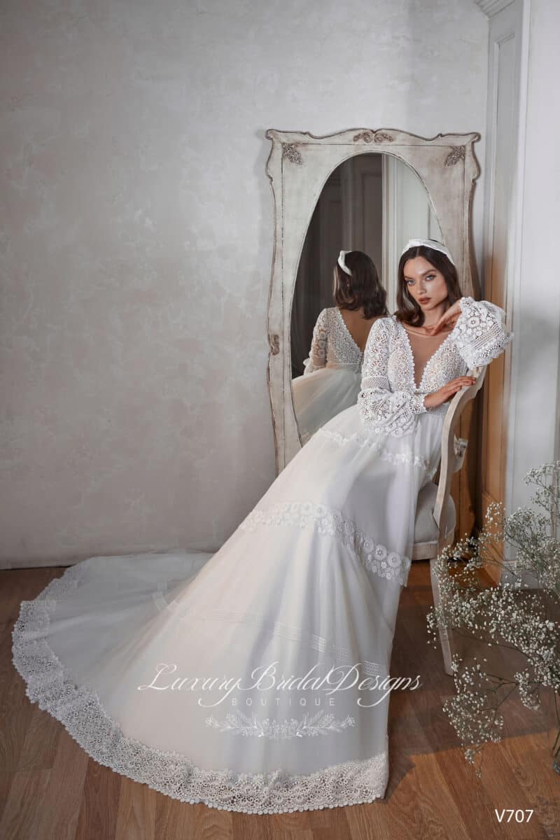 Long Sleeves Deep V Neck Boho Wedding Dress - BELLA - Image 4