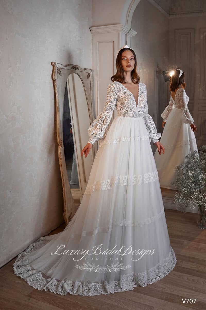 Long Sleeves Deep V Neck Boho Wedding Dress - BELLA