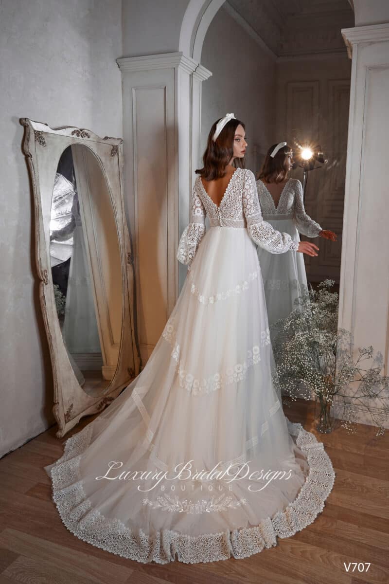 Long Sleeves Deep V Neck Boho Wedding Dress - BELLA - Image 3