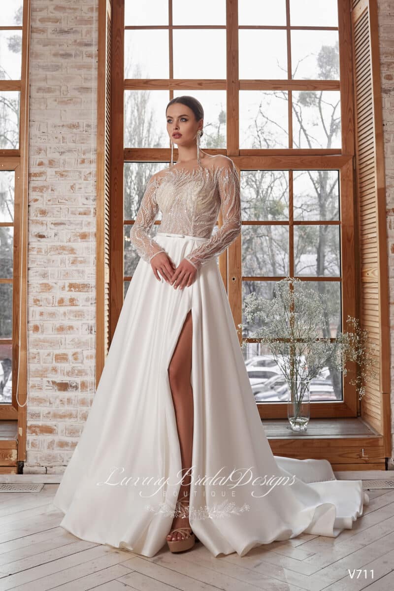 Long Sleeves Slit Sexy A-Line Wedding Dress - MARGO