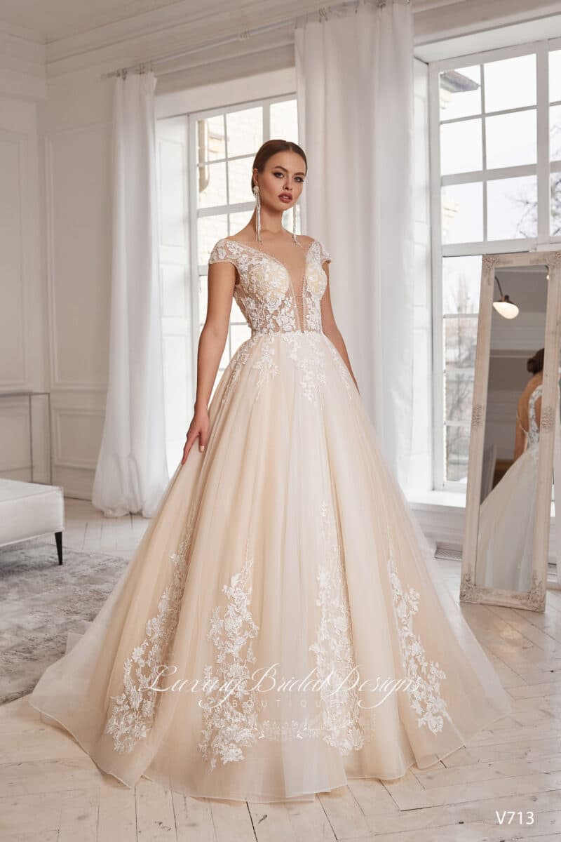 Plunging Neckline Nude Princess Wedding Dress - IRENA