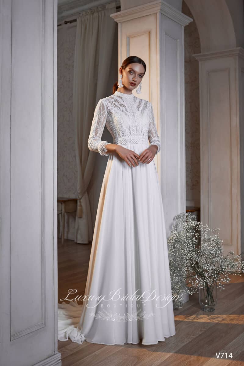 3/4 Sleeve High Neckline Boho Wedding Dress - ALEXANDRA