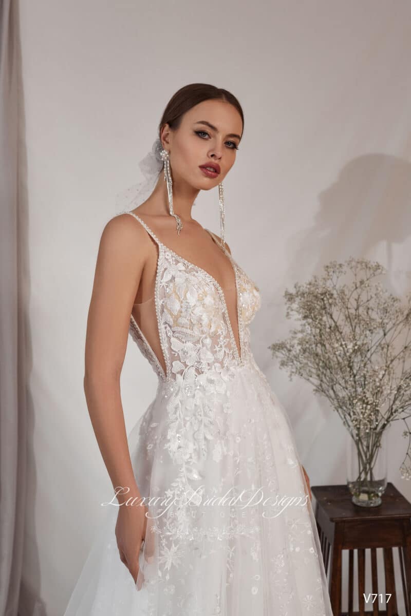 Spaghetti Straps Deep V Neck Sexy Boho Wedding Dress - LERA - Image 2