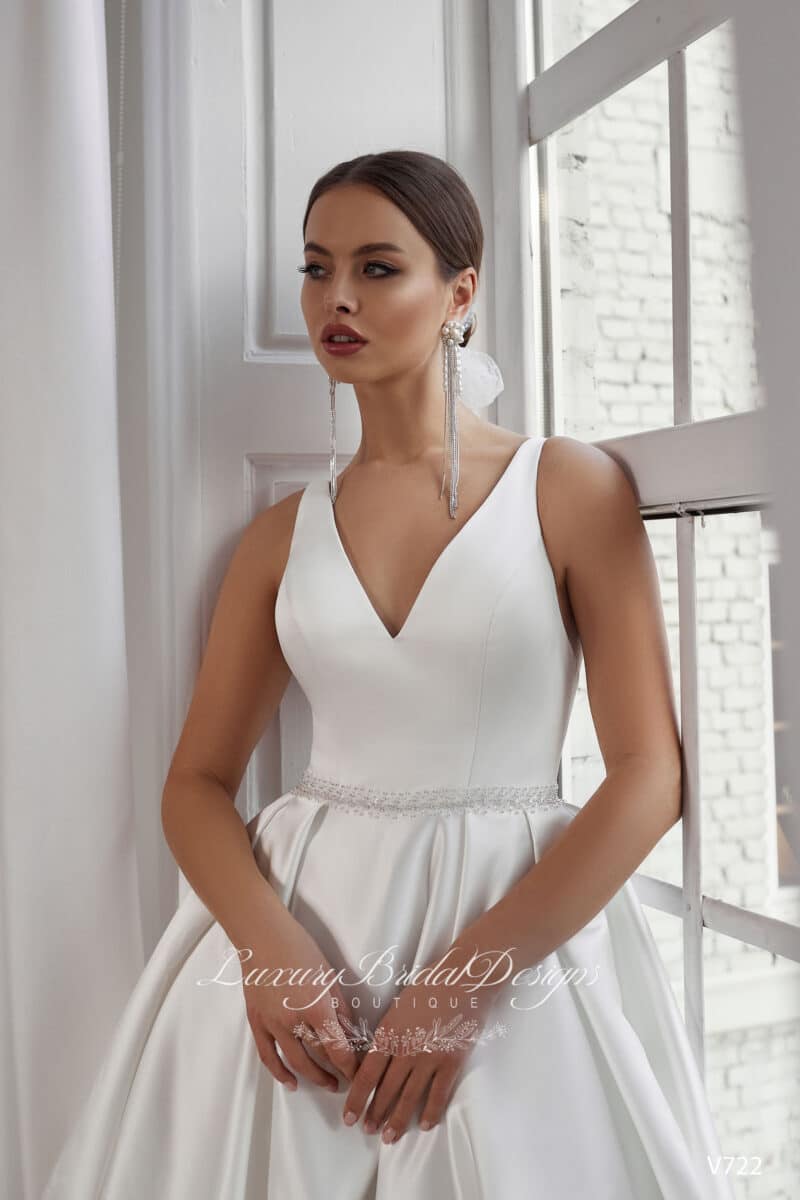 V Neckline Minimalist Satin Princess Wedding Dress - VERA - Image 3