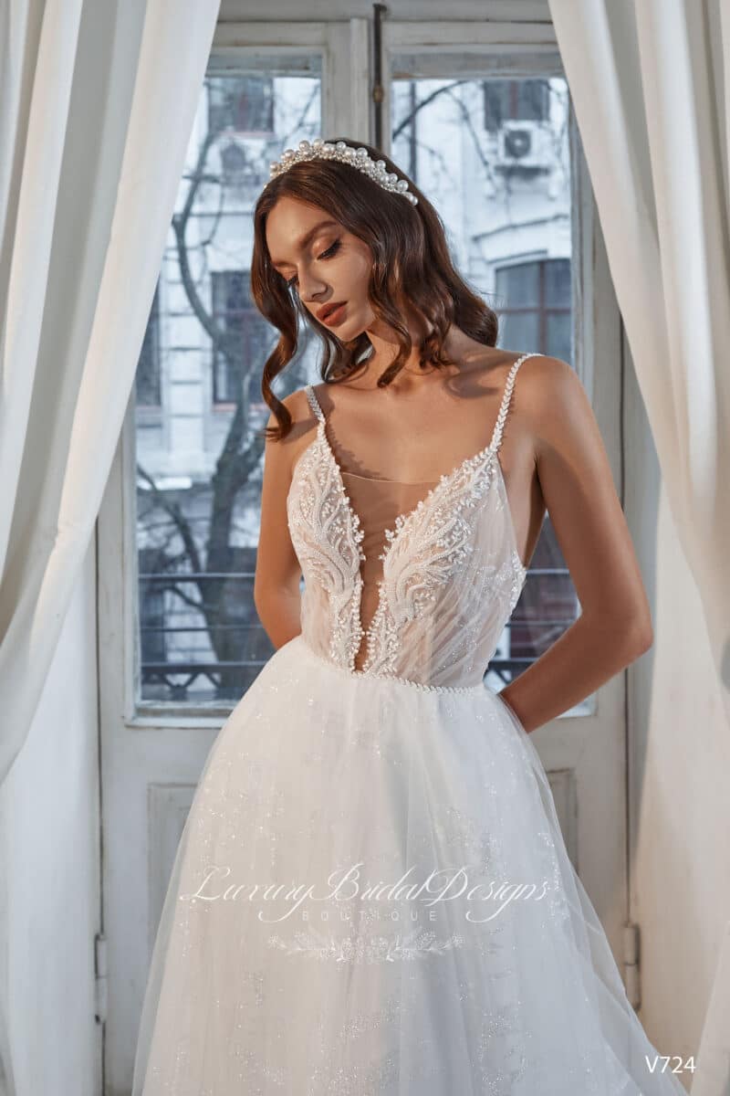 Spaghetti Straps Deep V Neck A-Line Wedding Dress - OLIVIE - Image 4