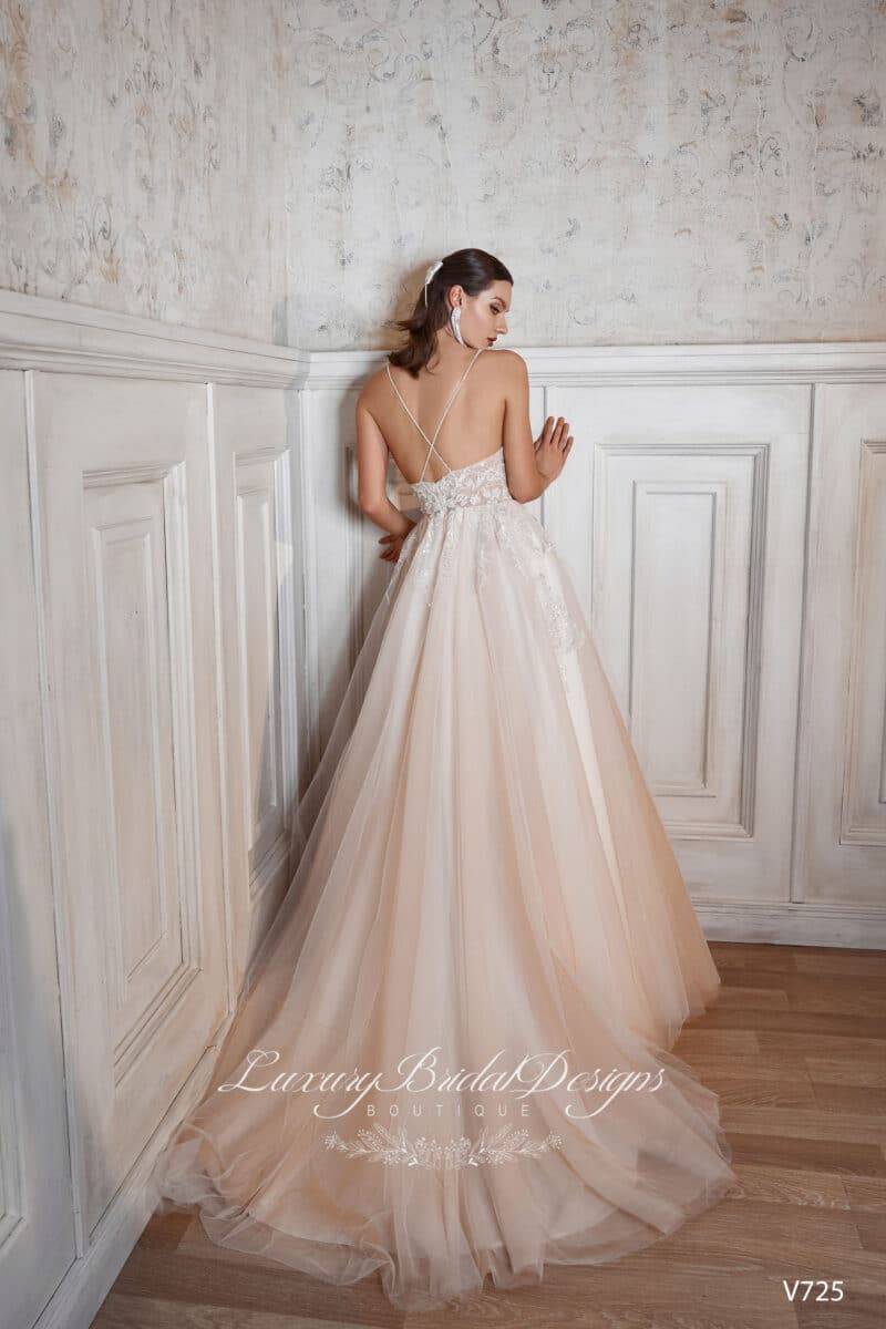 Plunging Neckline Champagne A-Line Wedding Dress - LYDIE - Image 3