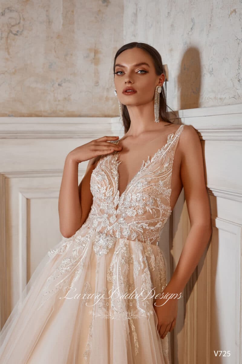 Plunging Neckline Champagne A-Line Wedding Dress - LYDIE - Image 2