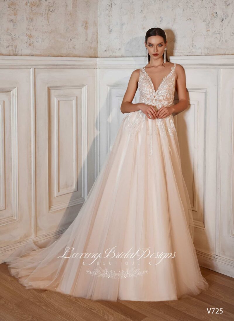 Plunging Neckline Champagne A-Line Wedding Dress - LYDIE