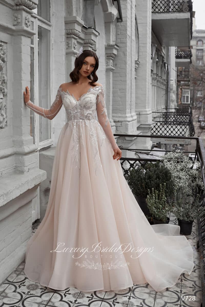 Long Sleeves Nude Silver A-Line Wedding Dress - ANASTAZIE