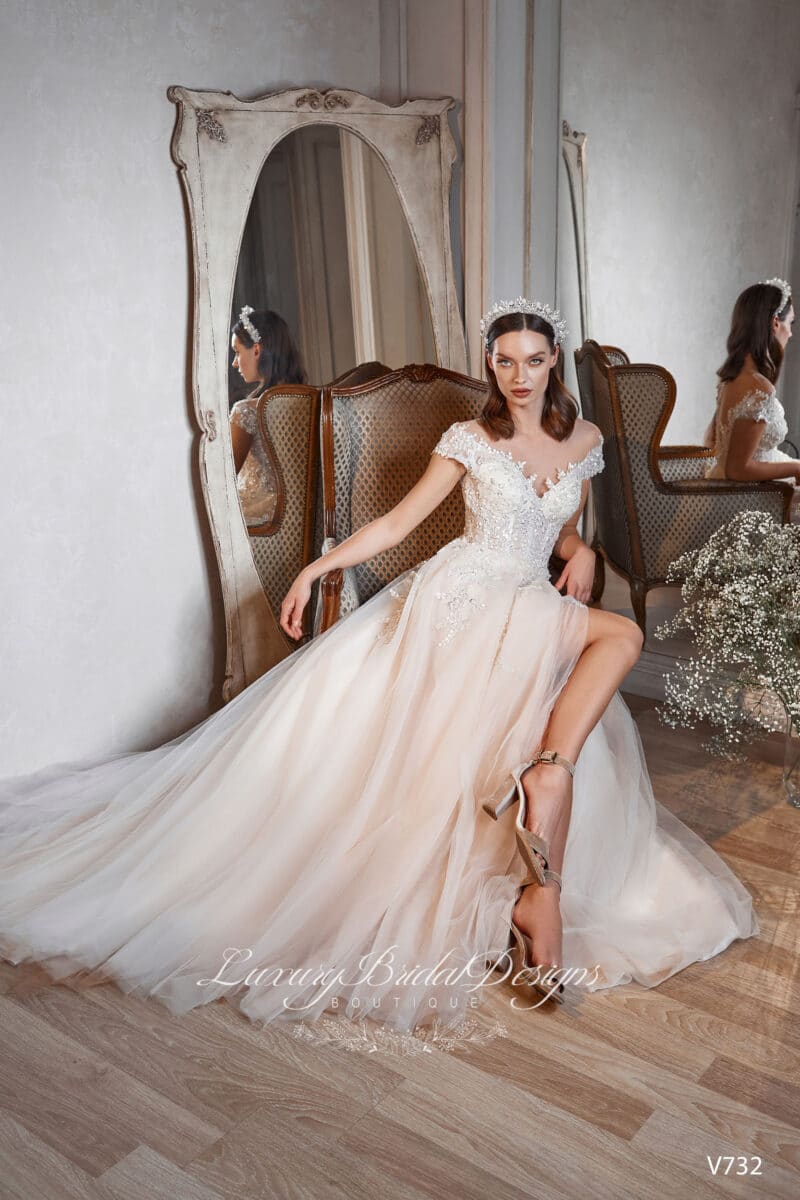 Off-the-shoulder Nude Slit A-line Wedding Dress - MELANIE - Image 3