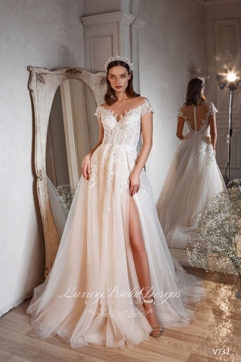 Off-the-shoulder Nude Slit A-line Wedding Dress - MELANIE