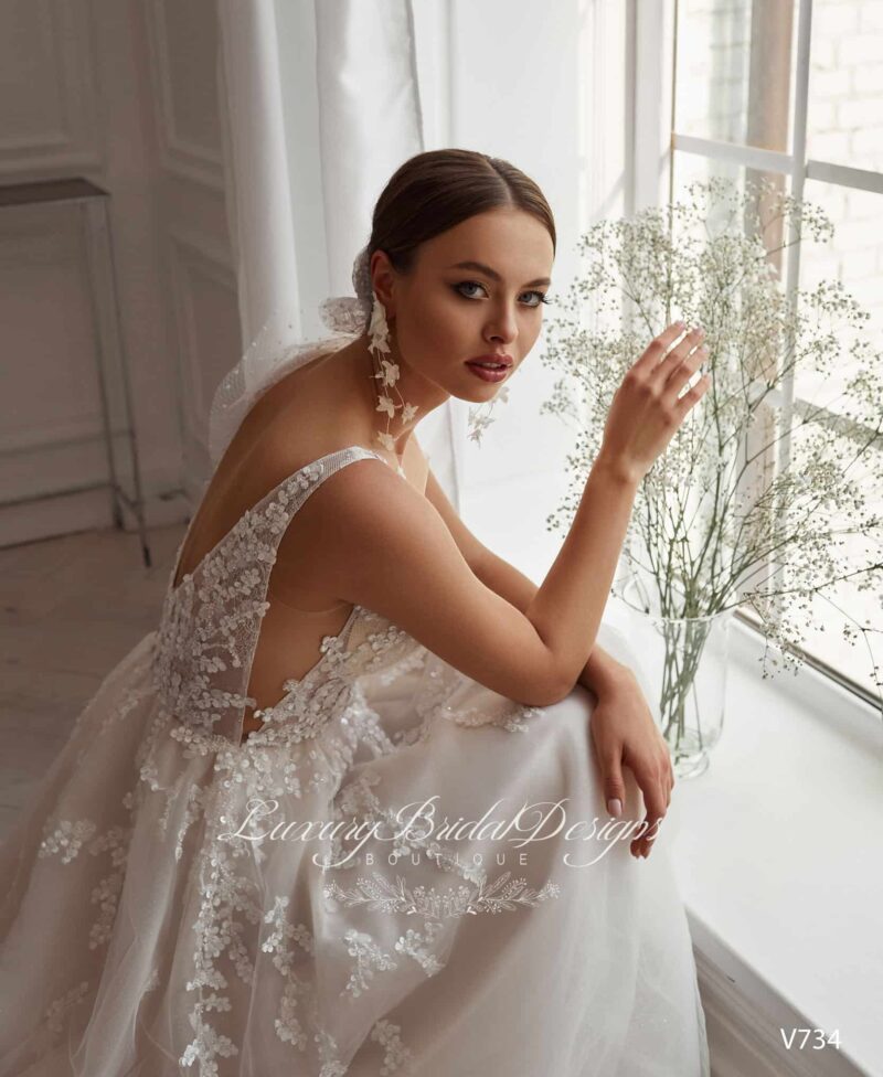 Plunging V Neckline Nude A-line Wedding Dress - TEREZA