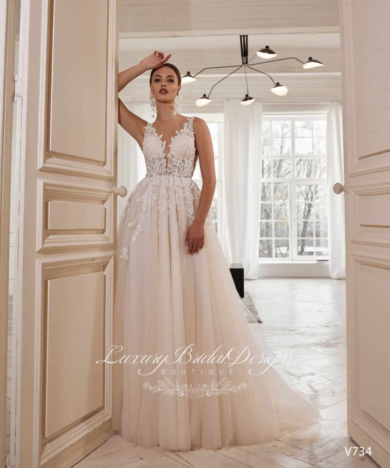 Plunging V Neckline Nude A-line Wedding Dress - TEREZA - Image 3