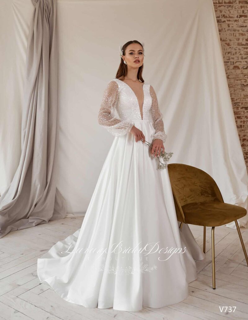 Long Sleeve Deep V Neckline Princess Wedding Dress - VIKTORIE - Image 2