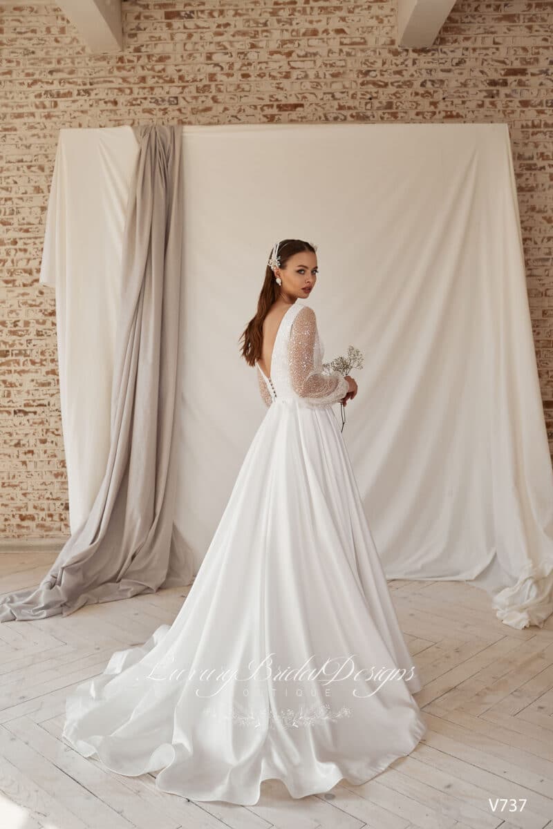 Long Sleeve Deep V Neckline Princess Wedding Dress - VIKTORIE - Image 3