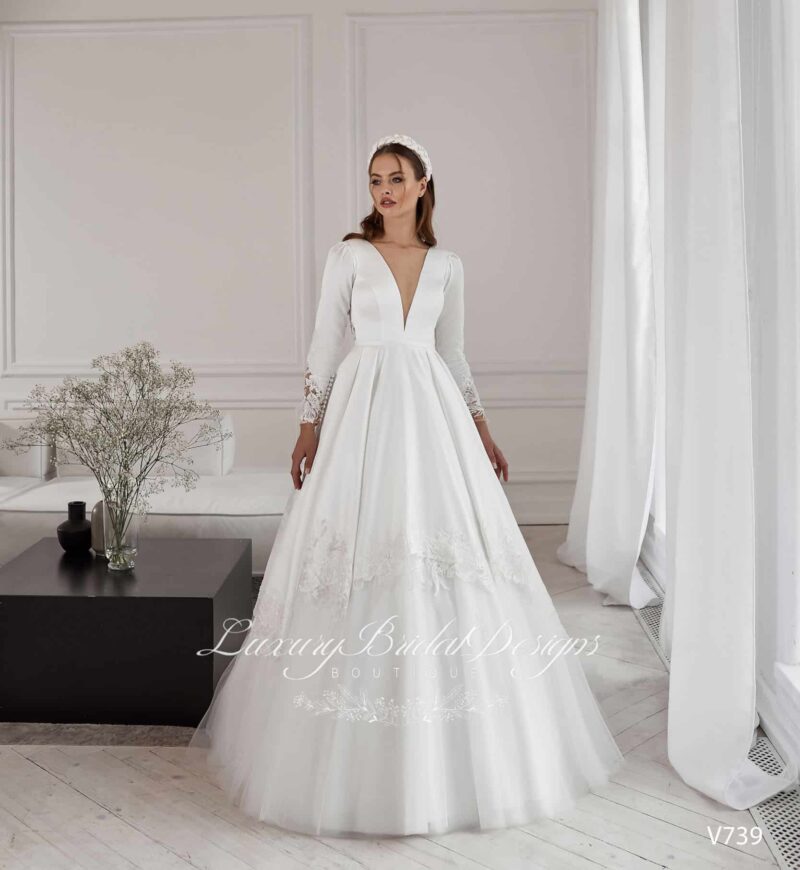 Long Sleeves Deep V Neck Princess Wedding Dress - ŽOFIE