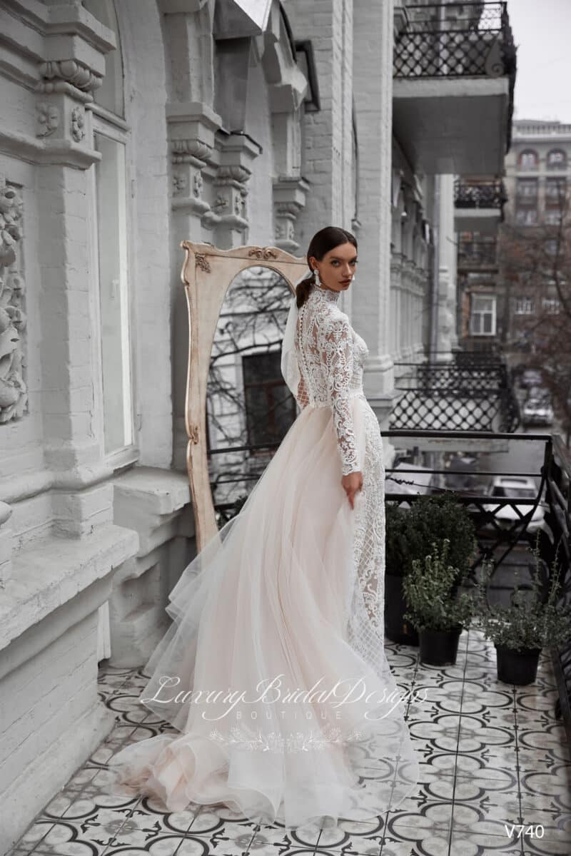 Long Sleeve Modest Nude Mermaid Wedding Dress - JOSEFINA - Image 3