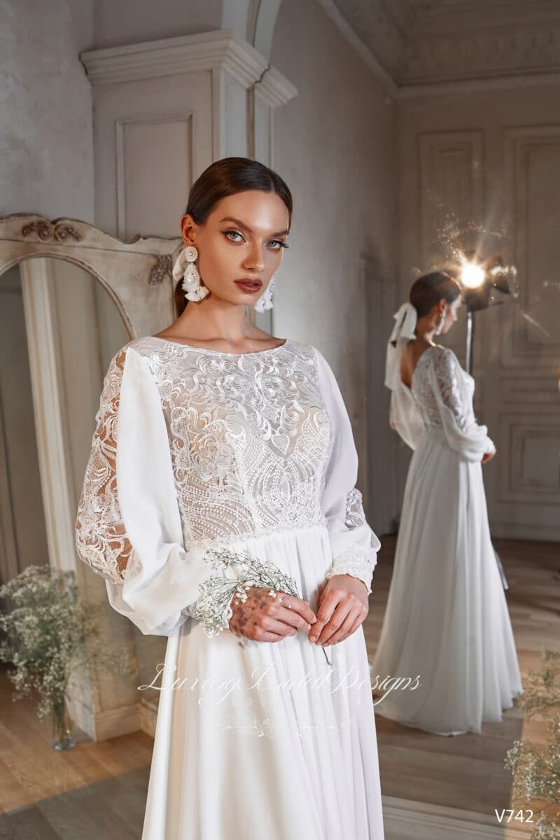 Long Sleeves Modest A-Line Beach Wedding Dress -EVELINA - Image 2