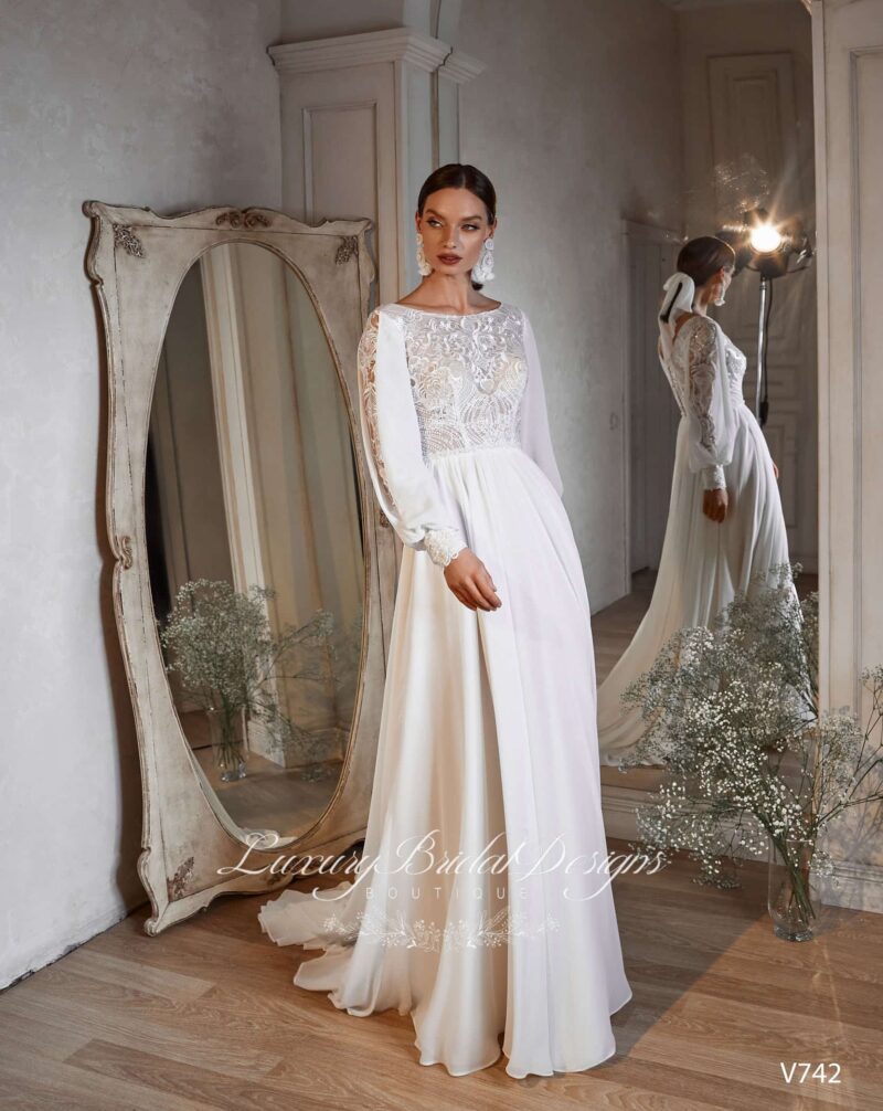 Long Sleeves Modest A-Line Beach Wedding Dress -EVELINA