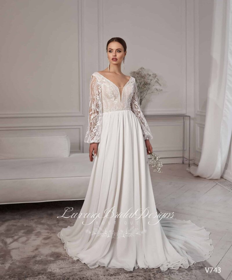 Long Sleeves Deep V Neck Boho Wedding Dress - LIKA