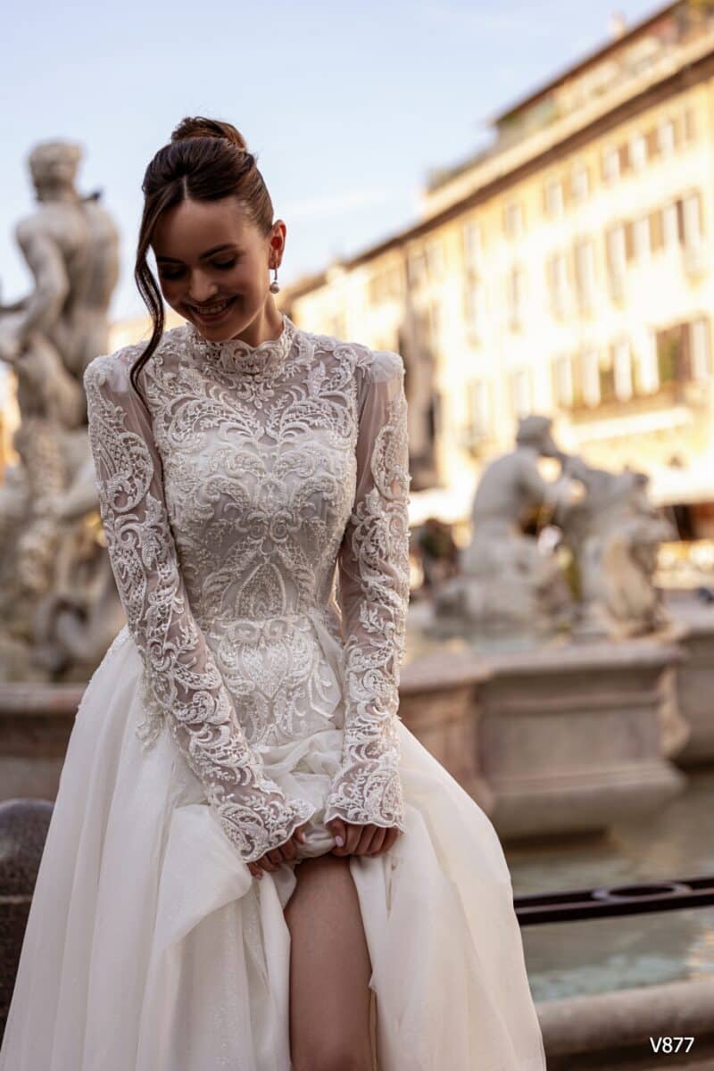 Long Sleeve Vintage Lace A-line Boho Wedding Dress - CATHERINE