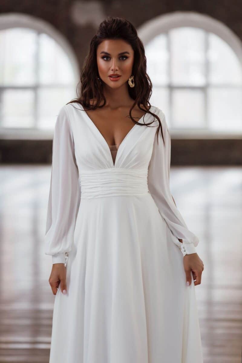 ALCHENA , Long Sleeves V Neckline Sexy Simple Beach Boho Wedding Dress - Image 2