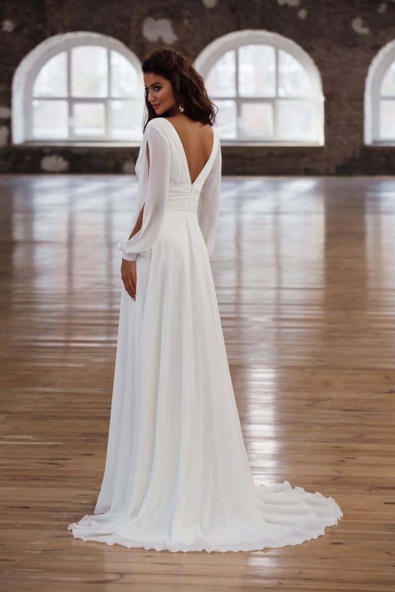 ALCHENA , Long Sleeves V Neckline Sexy Simple Beach Boho Wedding Dress - Image 3