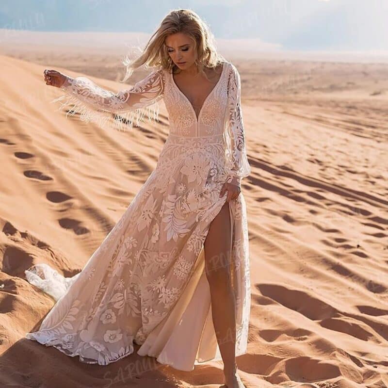 ALICIA , Long Puff Sleeves Lace Boho A-line Bridal Gown , Deep V Neck Tassel Beach Wedding Dress - Image 6