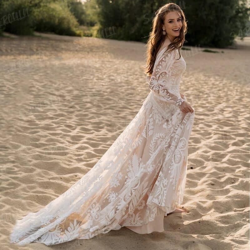 ALICIA , Long Puff Sleeves Lace Boho A-line Bridal Gown , Deep V Neck Tassel Beach Wedding Dress - Image 4