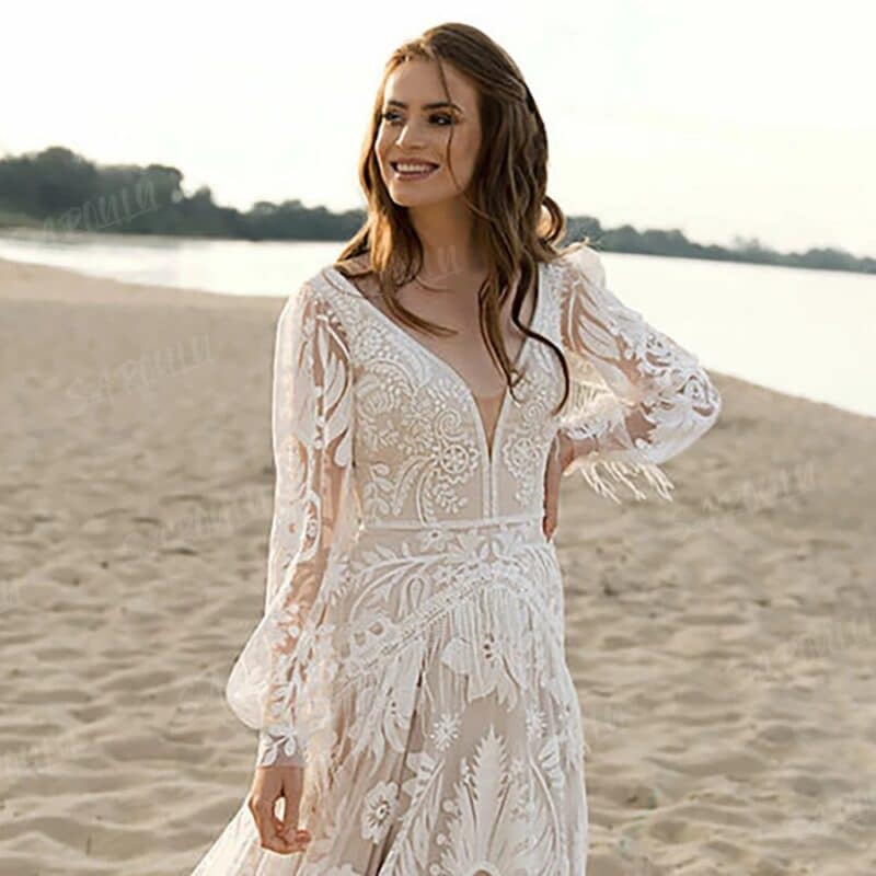 ALICIA , Long Puff Sleeves Lace Boho A-line Bridal Gown , Deep V Neck Tassel Beach Wedding Dress - Image 5