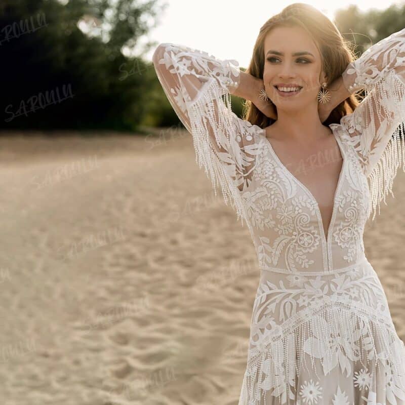 ALICIA , Long Puff Sleeves Lace Boho A-line Bridal Gown , Deep V Neck Tassel Beach Wedding Dress - Image 7