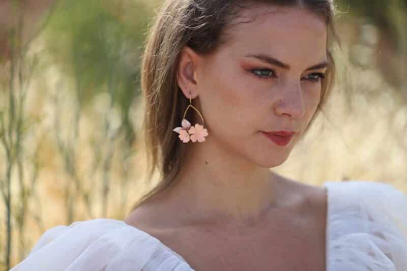 MARTHA , Delicate Polymer Clay Peach Champagne Gold Leaf Boho Wedding Earrings - Image 3