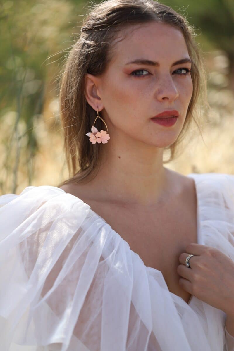 MARTHA , Delicate Polymer Clay Peach Champagne Gold Leaf Boho Wedding Earrings - Image 4