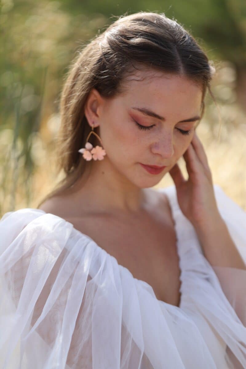 MARTHA , Delicate Polymer Clay Peach Champagne Gold Leaf Boho Wedding Earrings - Image 5