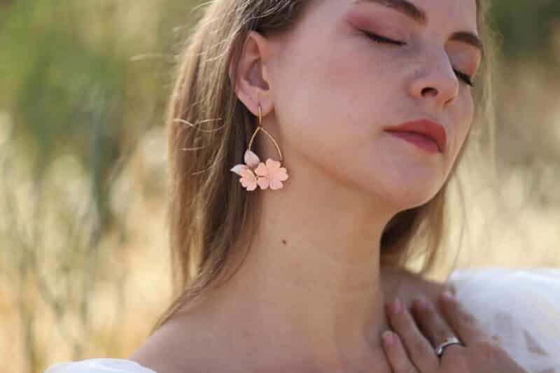 MARTHA , Delicate Polymer Clay Peach Champagne Gold Leaf Boho Wedding Earrings - Image 6