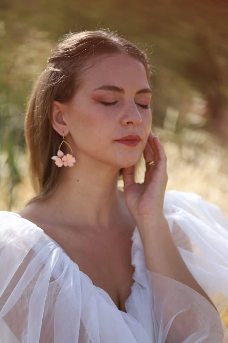 MARTHA , Delicate Polymer Clay Peach Champagne Gold Leaf Boho Wedding Earrings - Image 8