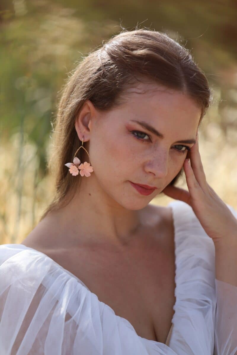 MARTHA , Delicate Polymer Clay Peach Champagne Gold Leaf Boho Wedding Earrings - Image 10