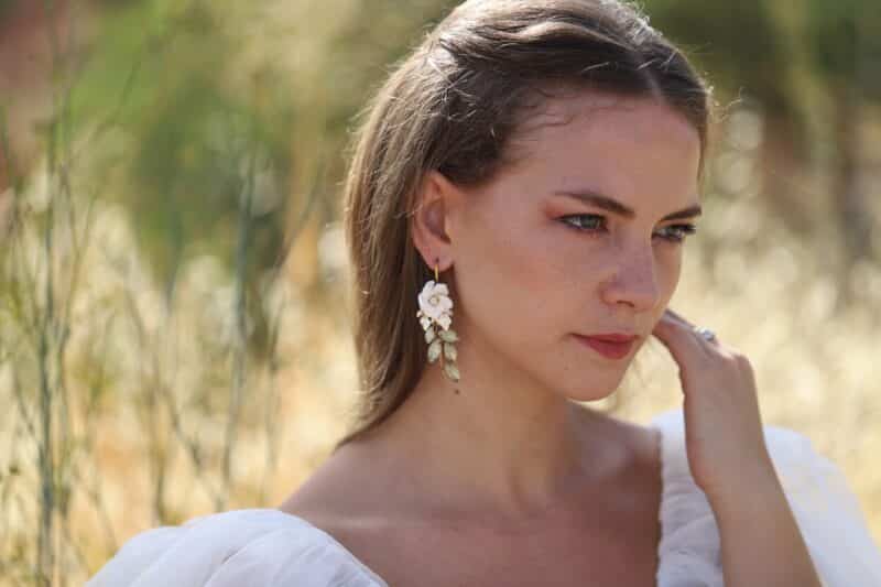 MAGGIE , Delicate Polymer Clay Opal Crystal Gold Boho Wedding Earrings - Image 4