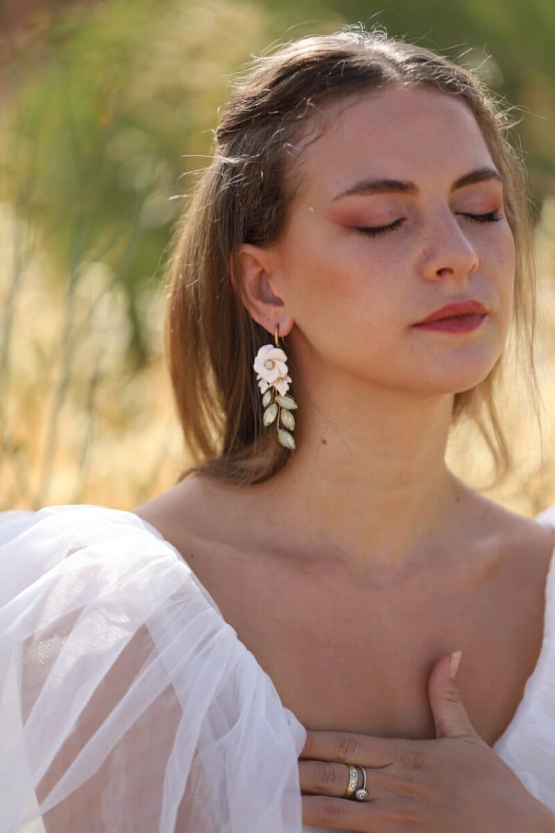 MAGGIE , Delicate Polymer Clay Opal Crystal Gold Boho Wedding Earrings - Image 2