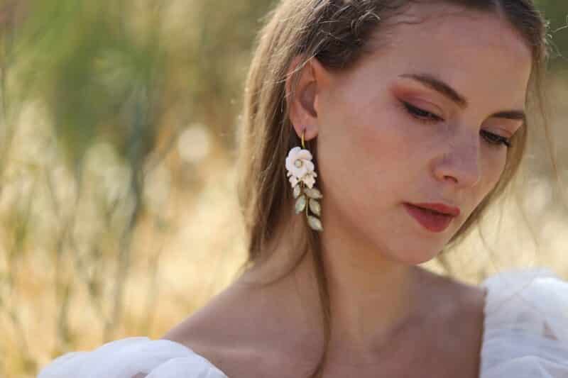 MAGGIE , Delicate Polymer Clay Opal Crystal Gold Boho Wedding Earrings - Image 7