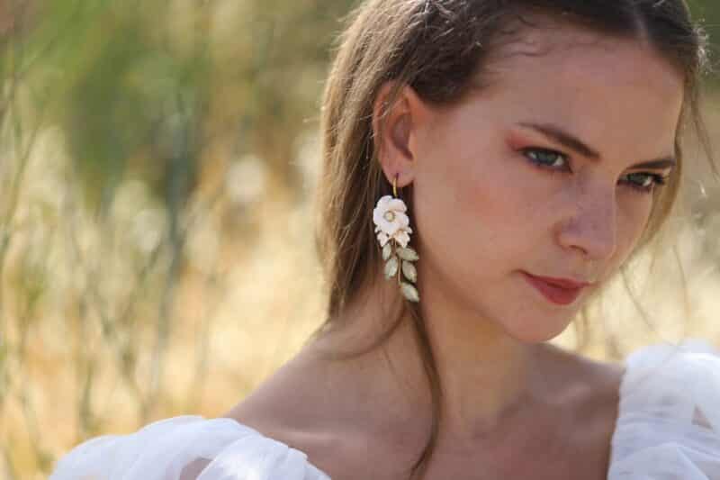 MAGGIE , Delicate Polymer Clay Opal Crystal Gold Boho Wedding Earrings - Image 6