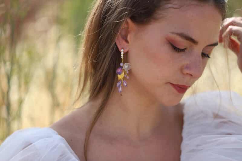 JULIANA , Violet Purple Gold Leaf Floral Flower Statement Boho Wedding Earrings - Image 3